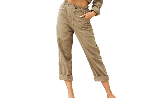 Women's Elasticated Waist Pants with Pockets -Brown