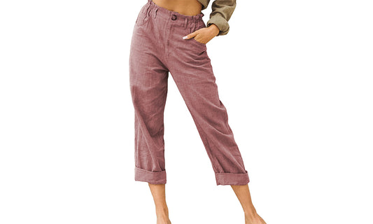 Women's Elasticated Waist Pants with Pockets -Wine red