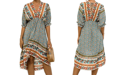 Women's Boho Floral Back Tie Deep V-Neck Dress