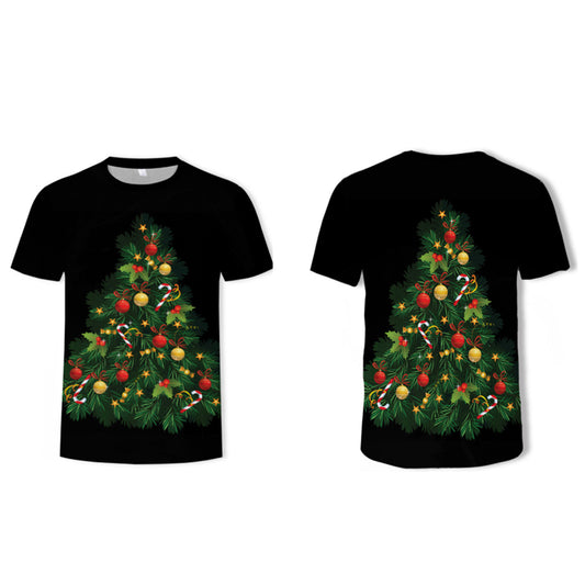 Men Christmas Printed Short Sleeve Tops Round Neck Xmas Tee Tops -Black
