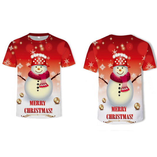 Men Christmas Printed Short Sleeve Tops Round Neck Xmas Tee Tops -Red