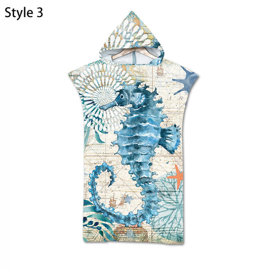 Hooded Beach Changing Robe Poncho Bathrobe Towel Quick Dry-Seahorses