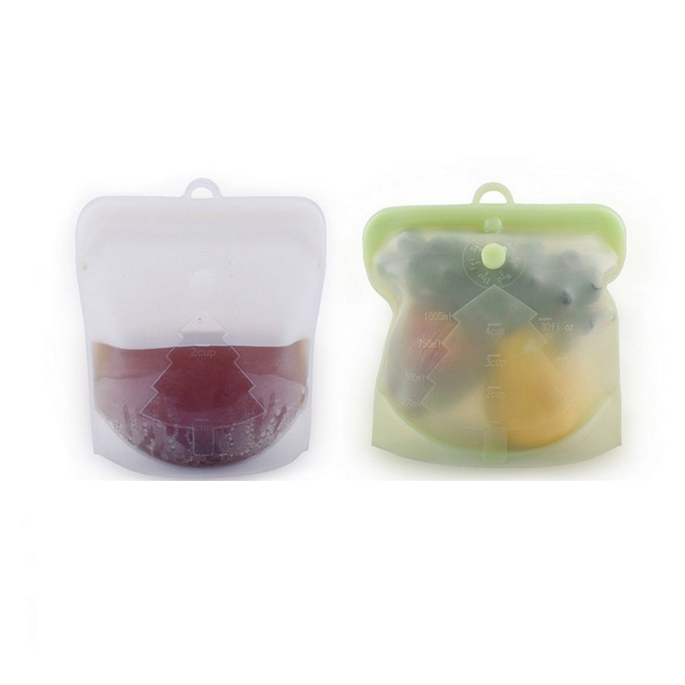 2Pcs Silicone Food Bag Reusable Seal Food Storage Bags-Clear and Green