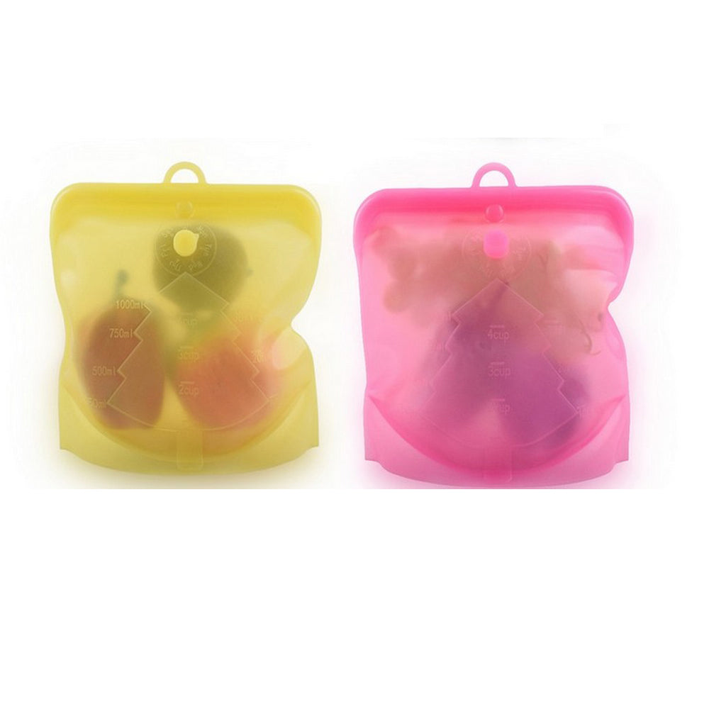 2Pcs Silicone Food Bag Reusable Seal Food Storage Bags-Yellow and Rose Red