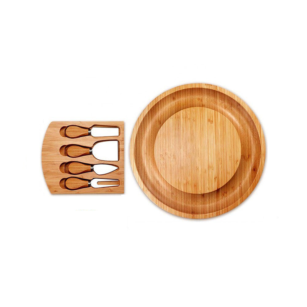 Round Bamboo Cheese Board with Slide-Out Cutlery Drawer and 4 Knife Set