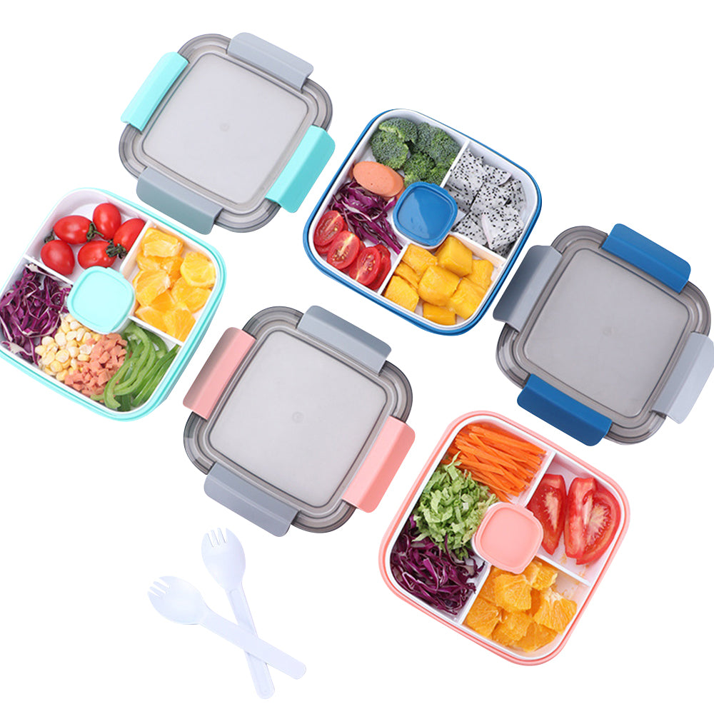 2 Layer Salad Lunch Container with Large Bowl 3-Compartment Tray A Sauce Container and A Reusable Fork