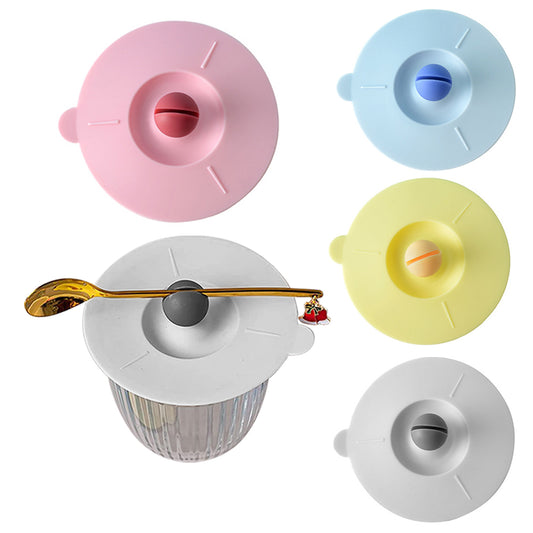 4Pcs Antidust Silicone Cup Lid Mug Cup Cover with Spoon Holder