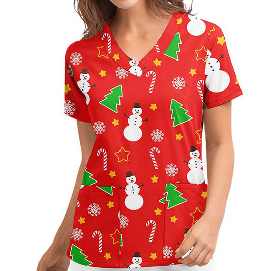 Women Christmas Short Sleeve Pocket Front Top V-Neck Xmas Blouse Tops -Red