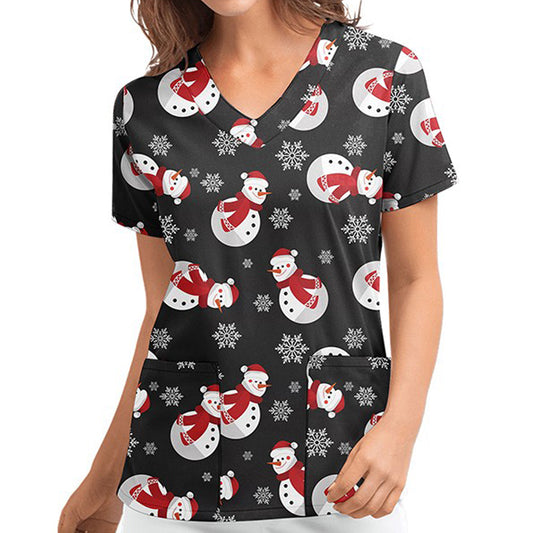 Women Christmas Short Sleeve Pocket Front Top V-Neck Xmas Blouse Tops -Black