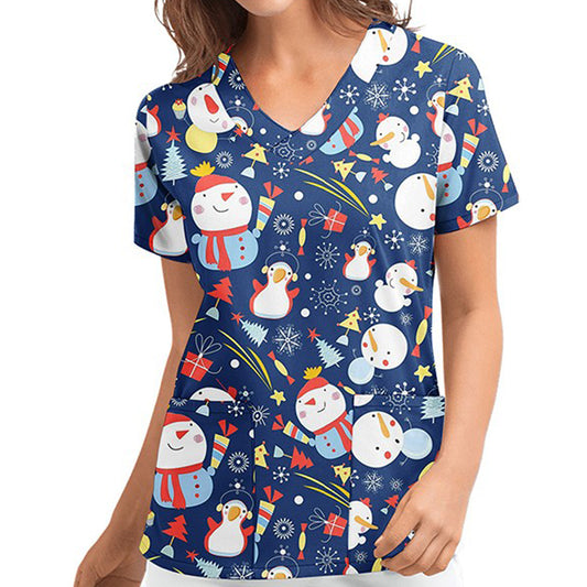 Women Christmas Short Sleeve Pocket Front Top V-Neck Xmas Blouse Tops -Blue