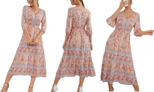 Women's Dresses Summer Bohemian Casual 3/4 Sleeve Floral Print Maxi Dress