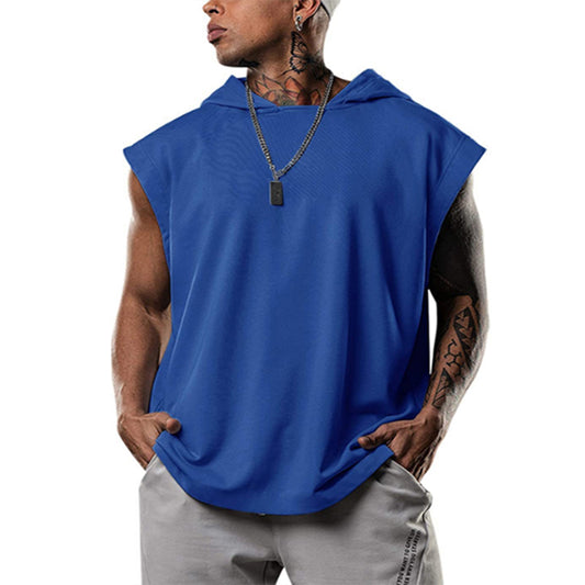 Men Workout Hoodie Sleeveless Vest Muscle Tank Tops Bodybuilding Tank Tops-Blue