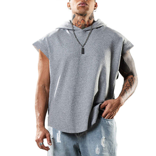 Men Workout Hoodie Sleeveless Vest Muscle Tank Tops Bodybuilding Tank Tops-Grey