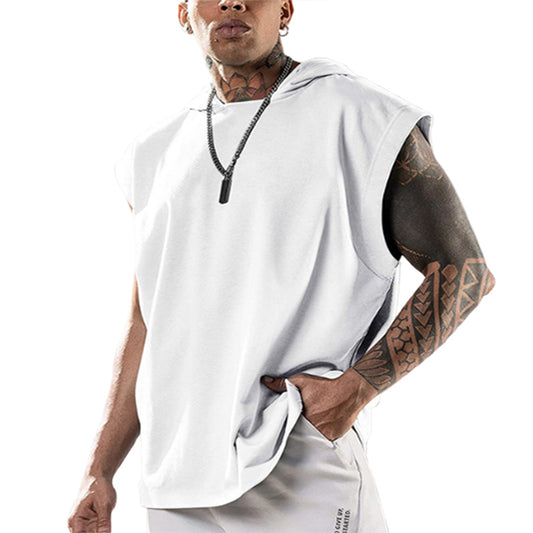 Men Workout Hoodie Sleeveless Vest-White