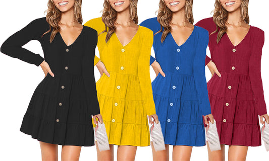 Women Long Sleeve Button Up Tired Ruffles Dress