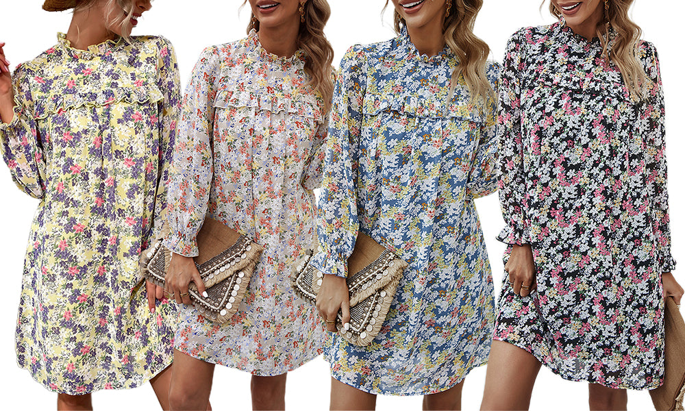 Women's Long Sleeve High Mock Neck Ruffle Floral Print Boho Dresses