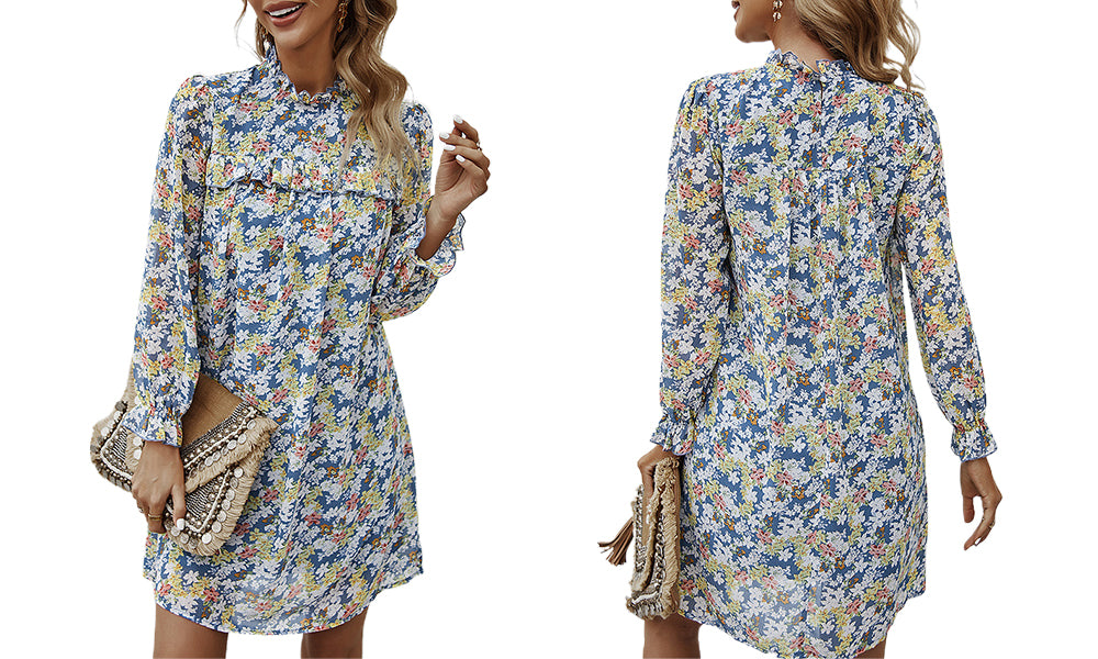 Women's Long Sleeve High Mock Neck Ruffle Floral Print Boho Dresses