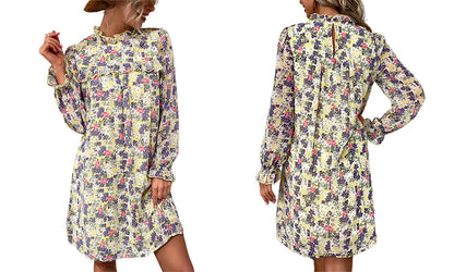 Women's Long Sleeve High Mock Neck Ruffle Floral Print Boho Dresses