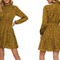 Women Animal Printed High Neck Dress Long Sleeve Midi Dress