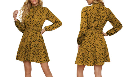 Women Animal Printed High Neck Dress Long Sleeve Midi Dress