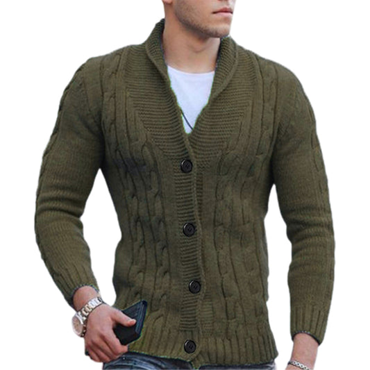 Men's Cable Knit Cardigan Button Down Warm Knit Jacket-Army Green