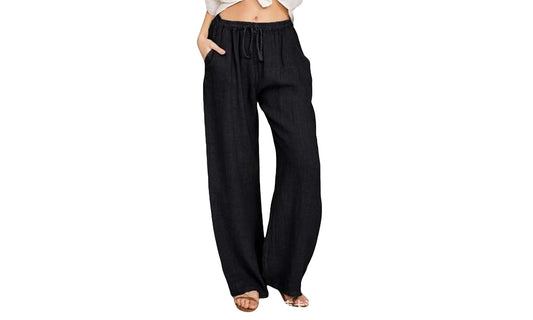 Women's Cotton Linen Drawstring Pants with Pockets-Black