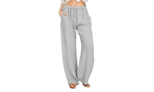 Women's Cotton Linen Drawstring Pants with Pockets-Gray