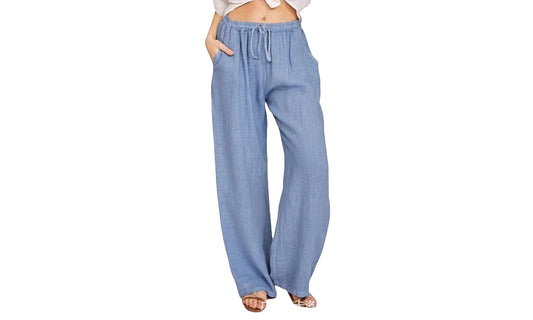 Women's Cotton Linen Drawstring Pants with Pockets-Light Blue