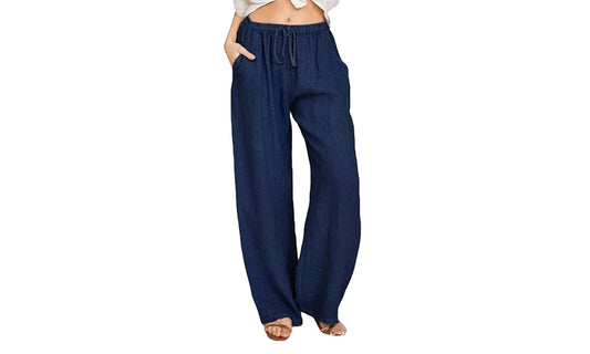 Women's Cotton Linen Drawstring Pants with Pockets-Navy