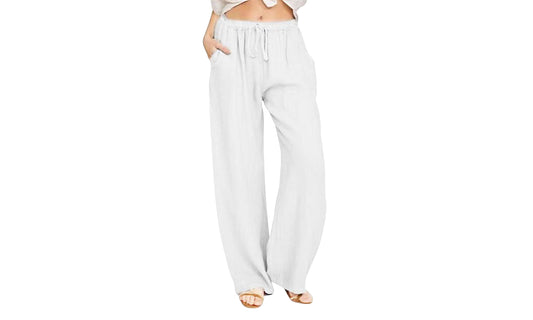 Women's Cotton Linen Drawstring Pants with Pockets-White