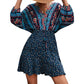 Women Boho 3/4 Sleeve V-Neck Ruffle Floral Flowy Kiddoll Mini Beach Dress
