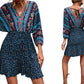 Women Boho 3/4 Sleeve V-Neck Ruffle Floral Flowy Kiddoll Mini Beach Dress