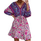 Women Boho 3/4 Sleeve V-Neck Ruffle Floral Flowy Kiddoll Mini Beach Dress