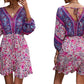 Women Boho 3/4 Sleeve V-Neck Ruffle Floral Flowy Kiddoll Mini Beach Dress