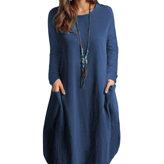 Women's Women Cotton-Blend Crew Neck Dress Oversized Summer Midi Dresses with Pockets
