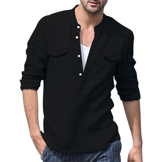 Men Cotton Linen V-Neck Button down Shirts Top Beach Holiday Shirt