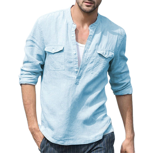 Men Cotton Linen V-Neck Button down Shirts Top Beach Holiday Shirt