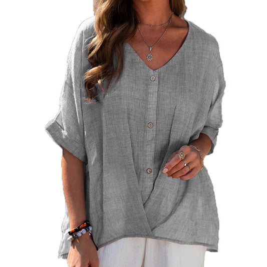 Women Cotton Linen V Neck Pullover Short Sleeve Loose Casual Tunic Top Blouse