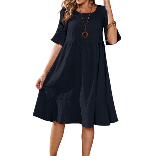 Women's Cotton Round Neck Short Sleeve Ruffle Hem Dress Kiddoll Beach Dress