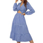 Women's Plaid Cut Out High Waist Dress Twist Front Long Sleeve Ruffle Dress