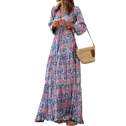 Women's Floral Long Sleeve Tied Waist Maxi Dress