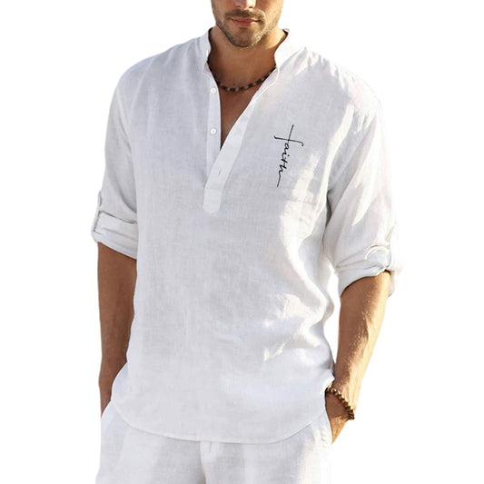 Men's Cotton Henley Shirt Roll-up Long Sleeve Hippie Casual Beach T Shirts