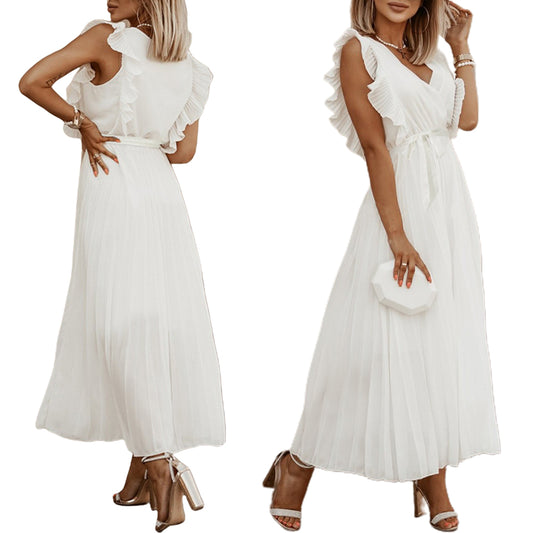 Women's Ruffle Cap Sleeveless Pleated Dress