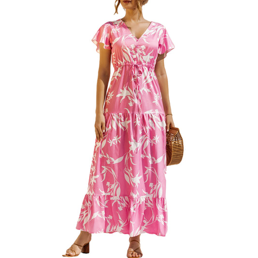 Women's Floral V-Neck Tie Waist Ruffle Tiered Maxi Dresses