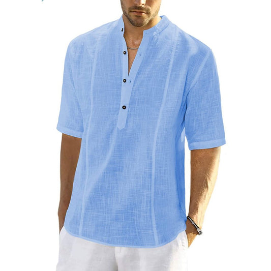 Men's Causal Henley Shirt Half Sleeve Hippie Summer Beach T Shirts -Blue