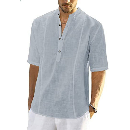 Men's Causal Henley Shirt Half Sleeve Hippie Summer Beach T Shirts -Gray