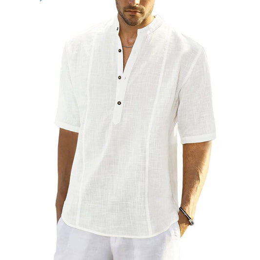 Men's Causal Henley Shirt Half Sleeve Hippie Summer Beach T Shirts -White
