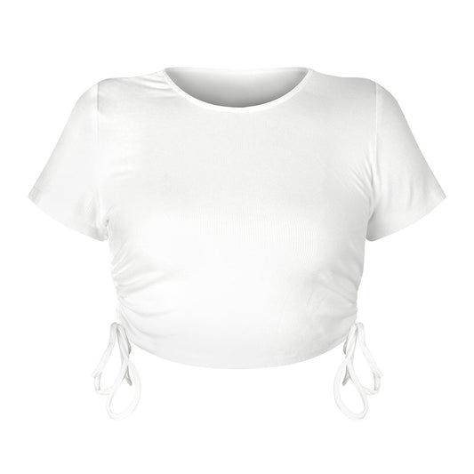 Women's Round Neck Short Sleeve Drawstring Side Slim Fit Stretchy Crop Tops