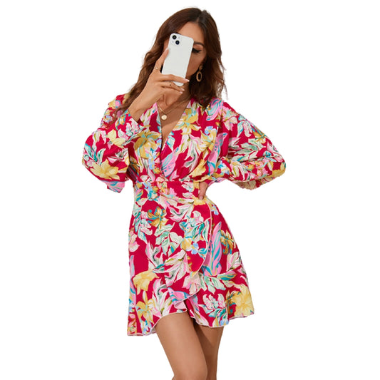 Women Floral Printed Long Sleeve Dress V-Neck Ruffle Mini Dress