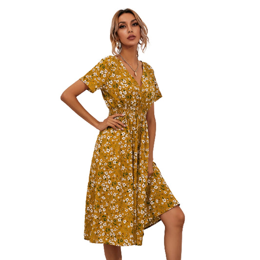 Women's Floral Printed Short Sleeve V-Neck Midi Dress with Elastic Waistband